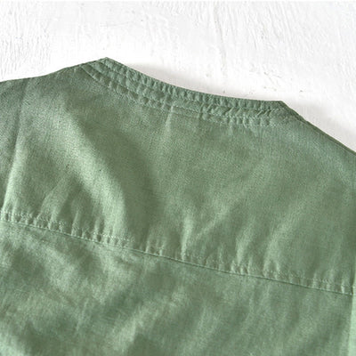 Chemise d'été Foviel pour homme à col montant, manches courtes, en coton et lin, à demi-boutonnage