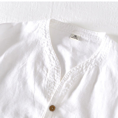Chemise d'été Foviel pour homme à col montant, manches courtes, en coton et lin, à demi-boutonnage