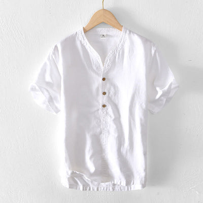 Chemise d'été Foviel pour homme à col montant, manches courtes, en coton et lin, à demi-boutonnage