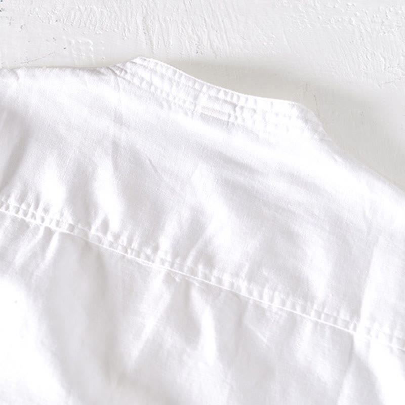 Chemise d'été Foviel pour homme à col montant, manches courtes, en coton et lin, à demi-boutonnage