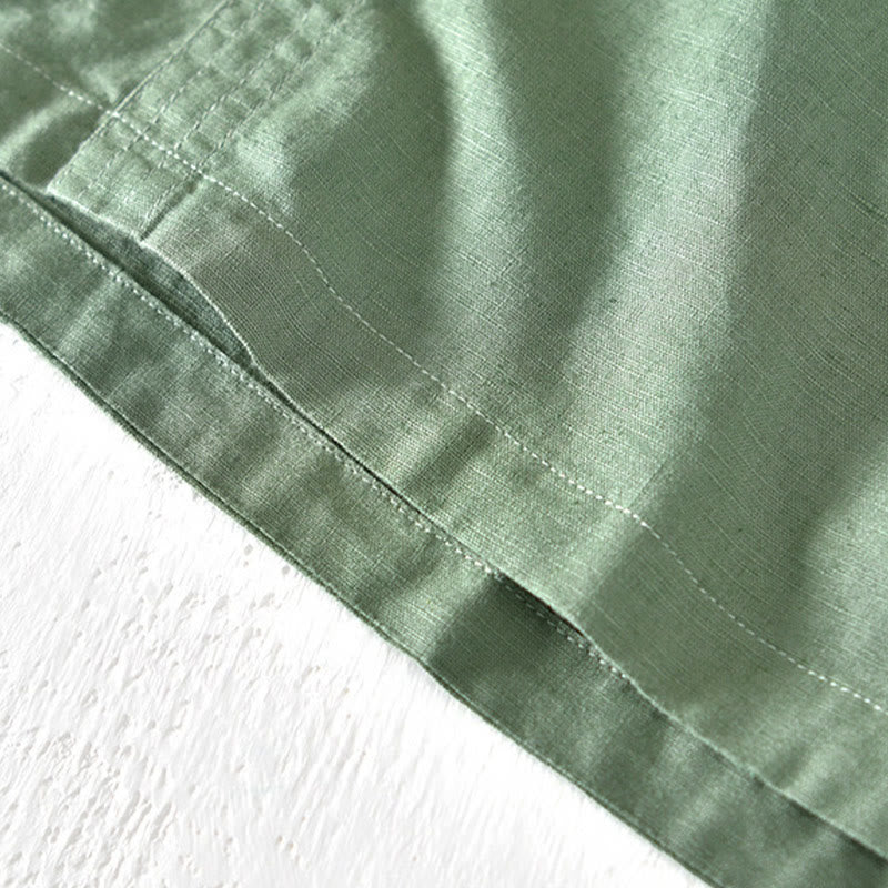 Chemise d'été Foviel pour homme à col montant, manches courtes, en coton et lin, à demi-boutonnage