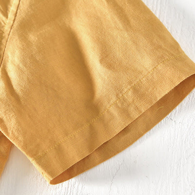 Chemise d'été Foviel pour homme à col montant, manches courtes, en coton et lin, à demi-boutonnage