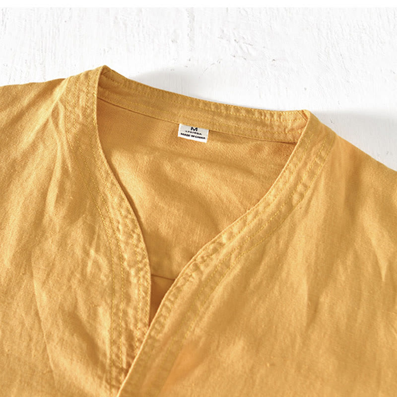 Chemise d'été Foviel pour homme à col montant, manches courtes, en coton et lin, à demi-boutonnage