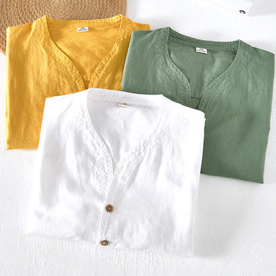 Chemise d'été Foviel pour homme à col montant, manches courtes, en coton et lin, à demi-boutonnage