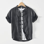 Foviel Daily Frog-Button Stand Collar Short Sleeve Linen Men's Shirt