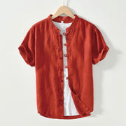 Foviel Daily Frog-Button Stand Collar Short Sleeve Linen Men's Shirt