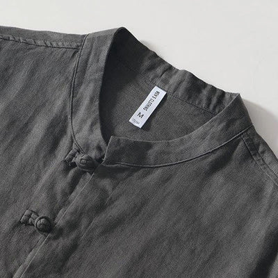 Buddha Stones Daily Frog-Button Stand Collar Short Sleeve Linen Men's Shirt - image 2