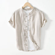 Foviel Daily Frog-Button Stand Collar Short Sleeve Linen Men's Shirt