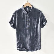 Foviel Causal Plain Lapel Ramie Linen Half Button Men's Shirt