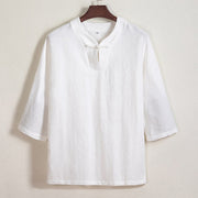 Foviel White Frog-button Linen Three Quarter Sleeve Men's Shirt