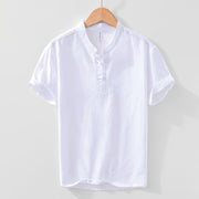 Foviel Soft Plain Frog-button Crew Neck Cotton Linen Half Button Men's Shirt