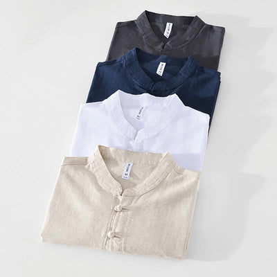 Buddha Stones Soft Plain Frog-button Crew Neck Cotton Linen Half Button Men's Shirt - image 21
