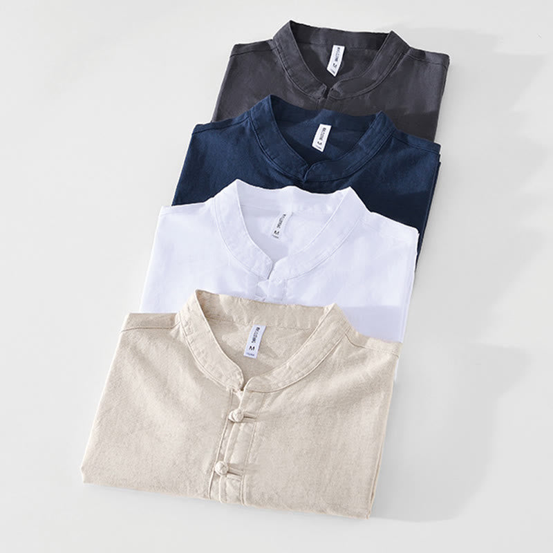 Buddha Stones Soft Plain Frog-button Crew Neck Cotton Linen Half Button Men's Shirt - image 21