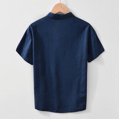 Buddha Stones Soft Plain Frog-button Crew Neck Cotton Linen Half Button Men's Shirt - image 6