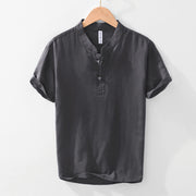 Foviel Soft Plain Frog-button Crew Neck Cotton Linen Half Button Men's Shirt