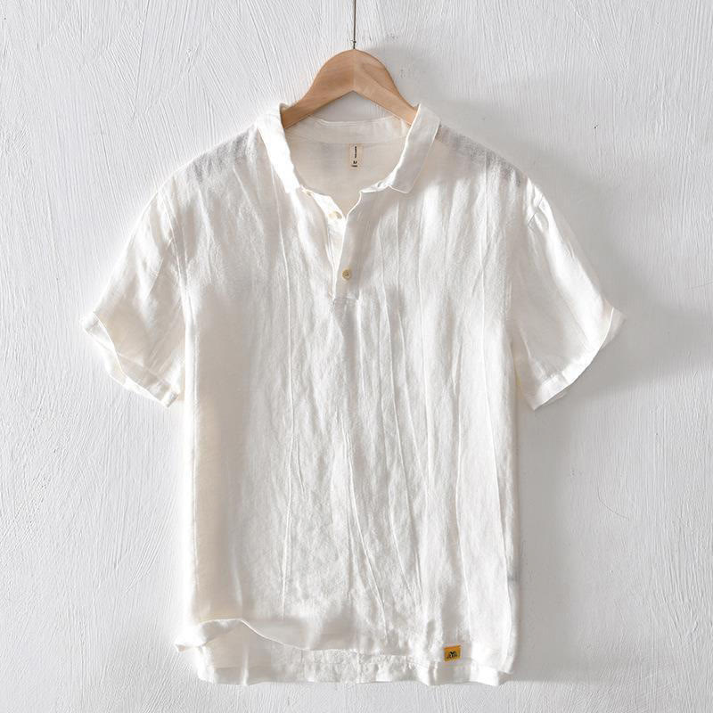 Chemise homme Foviel à manches courtes, col à revers, en lin, demi-boutonnée, au design simple
