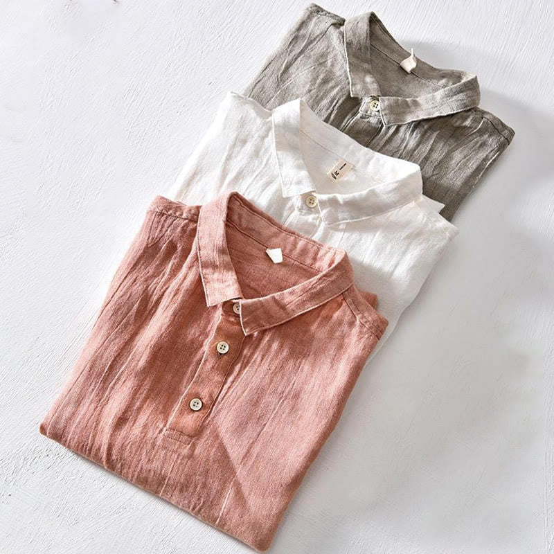 Chemise homme Foviel à manches courtes, col à revers, en lin, demi-boutonnée, au design simple
