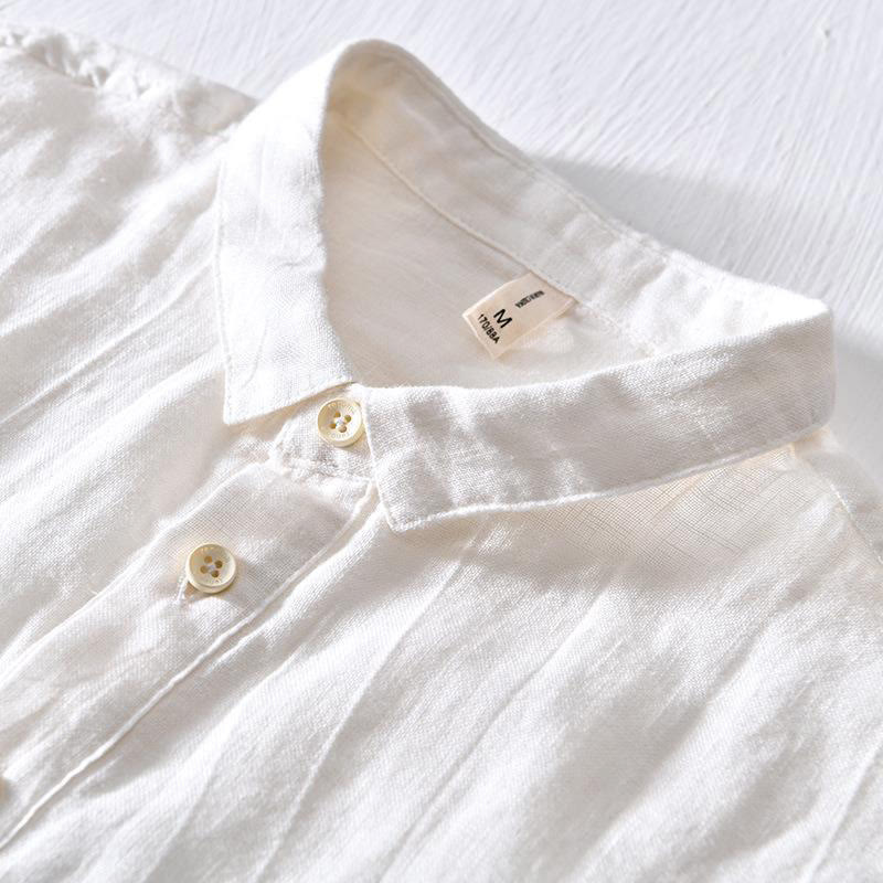Chemise homme Foviel à manches courtes, col à revers, en lin, demi-boutonnée, au design simple