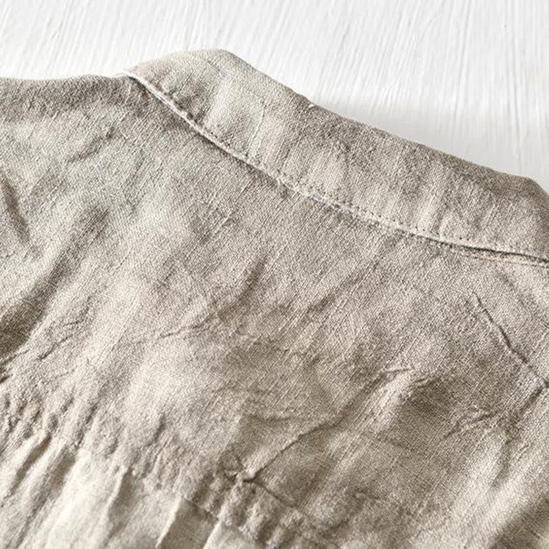 Foviel Simple Design Short Sleeve Lapel Linen Half Button Men's Shirt
