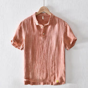 Foviel Simple Design Short Sleeve Lapel Linen Half Button Men's Shirt