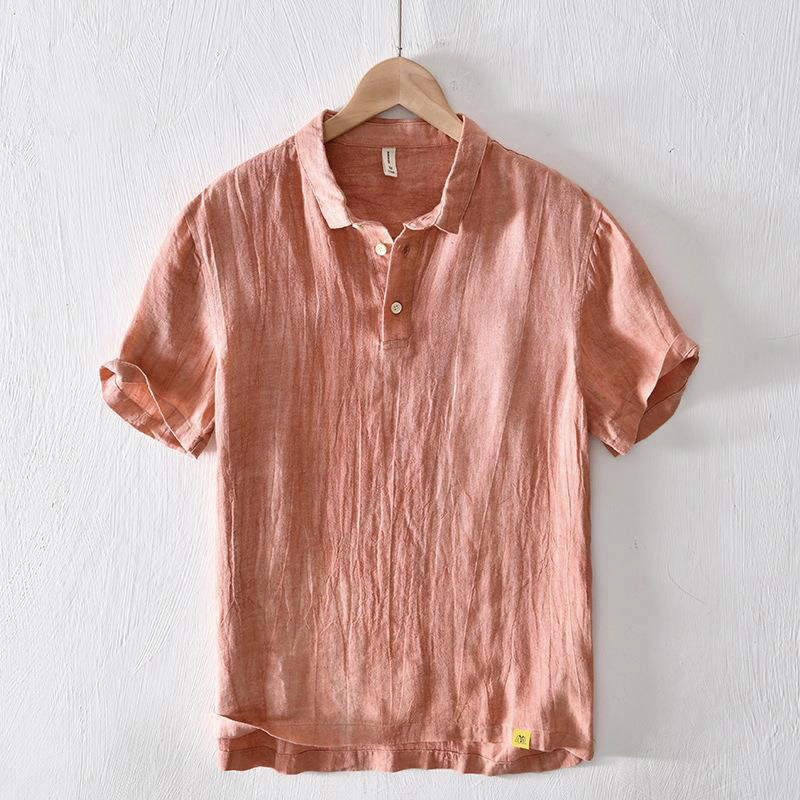 Chemise homme Foviel à manches courtes, col à revers, en lin, demi-boutonnée, au design simple