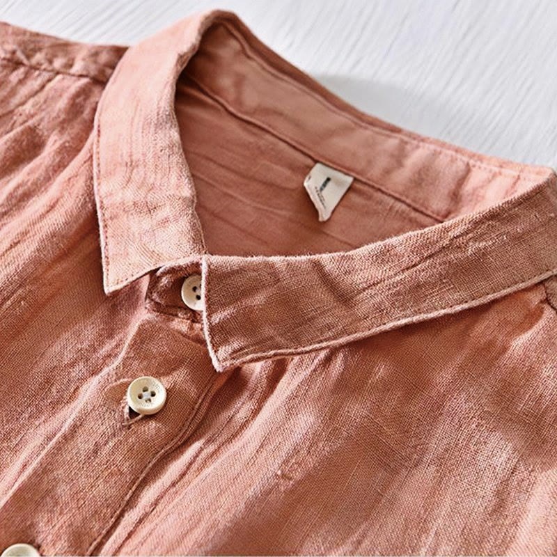 Chemise homme Foviel à manches courtes, col à revers, en lin, demi-boutonnée, au design simple