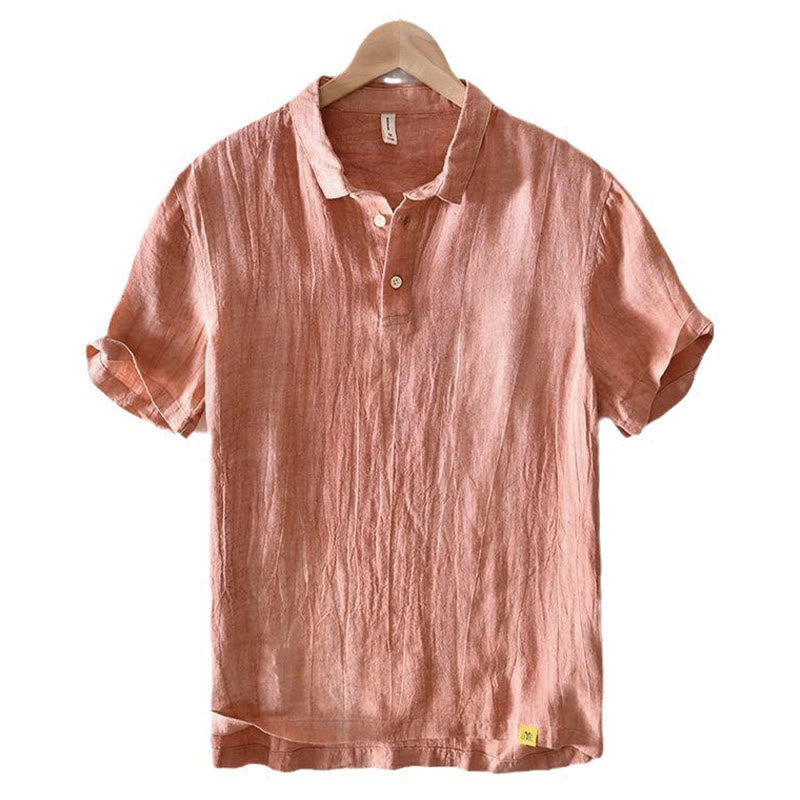 Chemise homme Foviel à manches courtes, col à revers, en lin, demi-boutonnée, au design simple