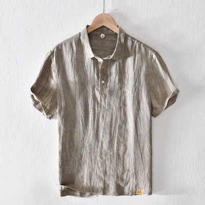 Chemise homme Foviel à manches courtes, col à revers, en lin, demi-boutonnée, au design simple