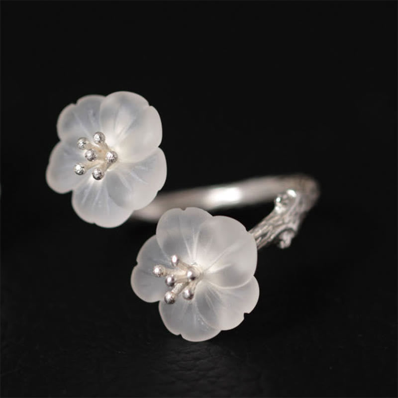 Foviel 925 Sterling Silver White Crystal Double Plum Blossom Flower Adjustable Protection Ring