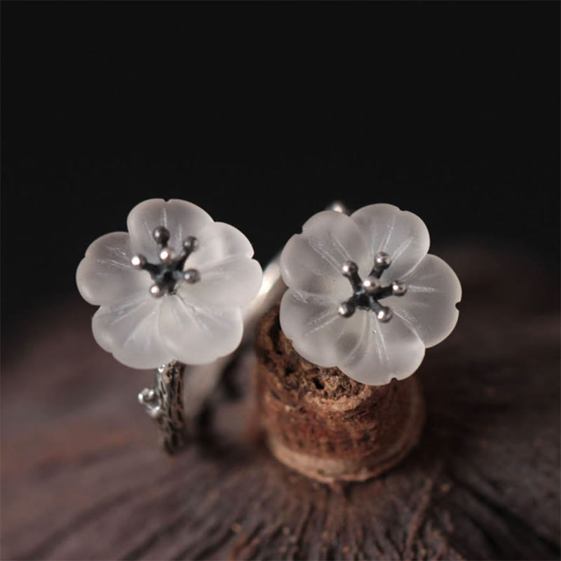Foviel 925 Sterling Silver White Crystal Double Plum Blossom Flower Adjustable Protection Ring