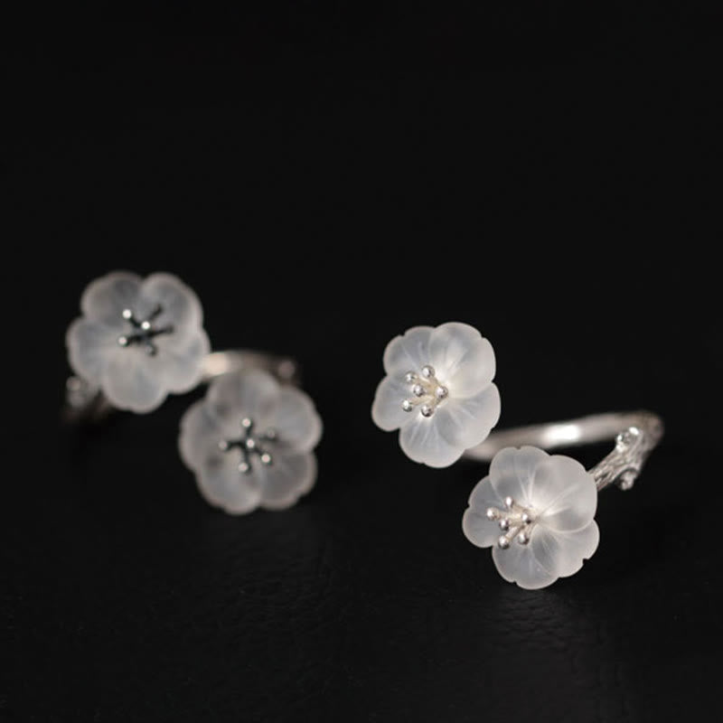 Foviel 925 Sterling Silver White Crystal Double Plum Blossom Flower Adjustable Protection Ring