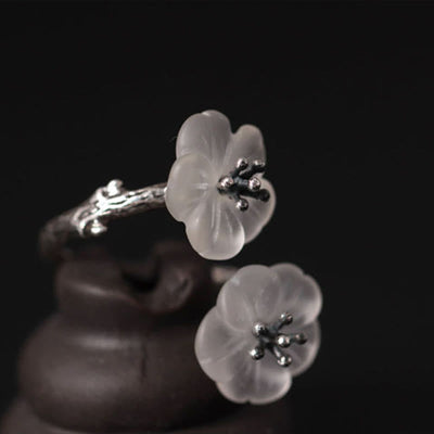 Foviel 925 Sterling Silver White Crystal Double Plum Blossom Flower Adjustable Protection Ring