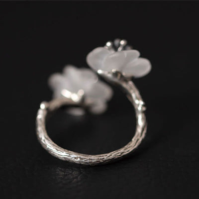 Foviel 925 Sterling Silver White Crystal Double Plum Blossom Flower Adjustable Protection Ring