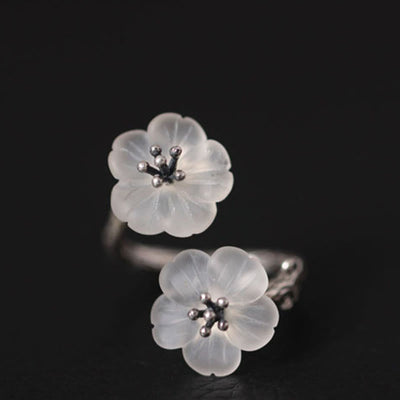 Foviel 925 Sterling Silver White Crystal Double Plum Blossom Flower Adjustable Protection Ring