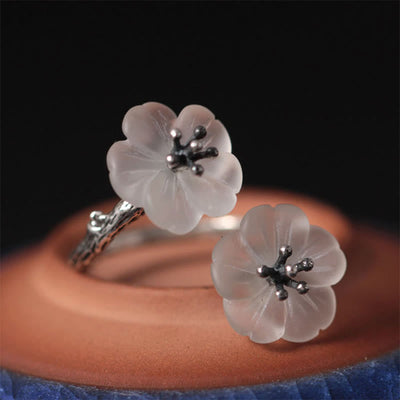 Foviel 925 Sterling Silver White Crystal Double Plum Blossom Flower Adjustable Protection Ring