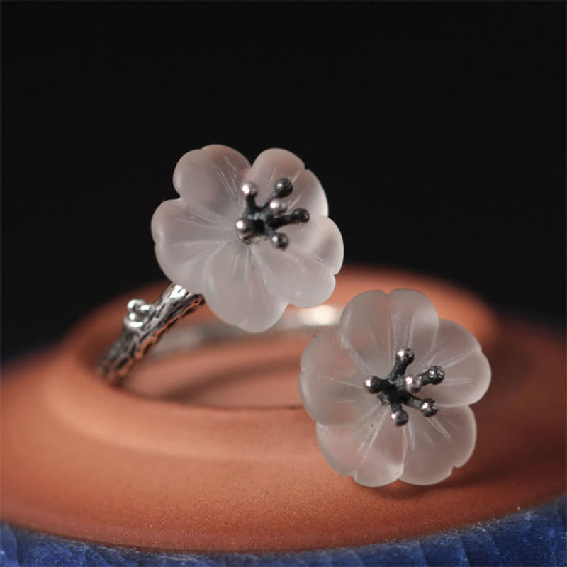 Foviel 925 Sterling Silver White Crystal Double Plum Blossom Flower Adjustable Protection Ring
