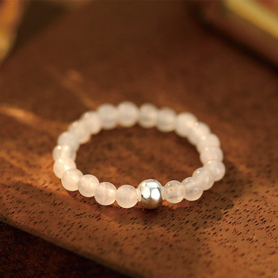 Foviel 925 Sterling Silver Crystal Beads White Jade Black Onyx Blessing Elastic Ring