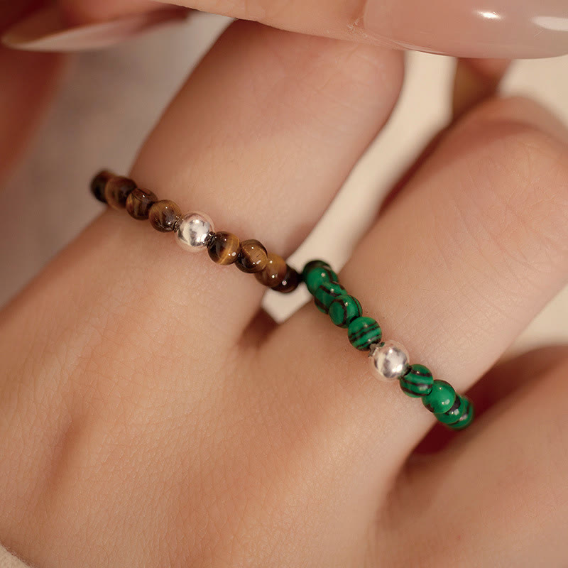Foviel 925 Sterling Silver Crystal Beads White Jade Black Onyx Blessing Elastic Ring