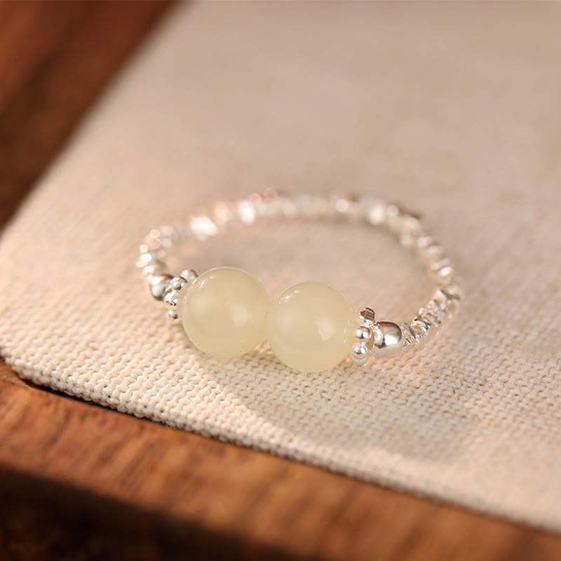 Foviel 925 Sterling Silver Natural Small Hetian Jade Bead Luck Elastic Ring