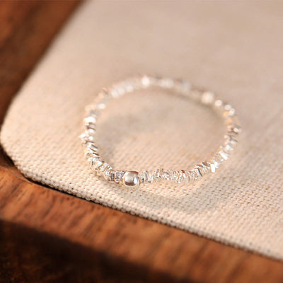 Foviel 925 Sterling Silver Natural Small Hetian Jade Bead Luck Elastic Ring