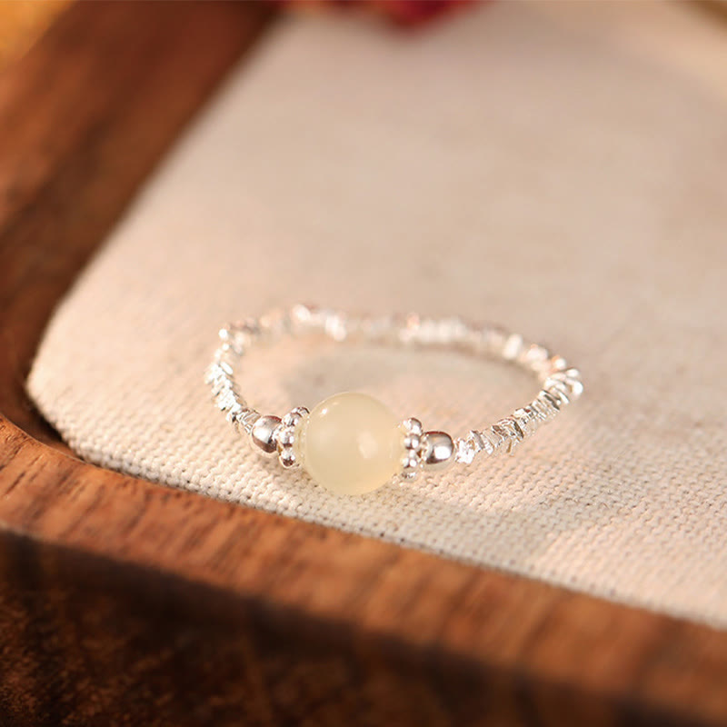 Foviel 925 Sterling Silver Natural Small Hetian Jade Bead Luck Elastic Ring