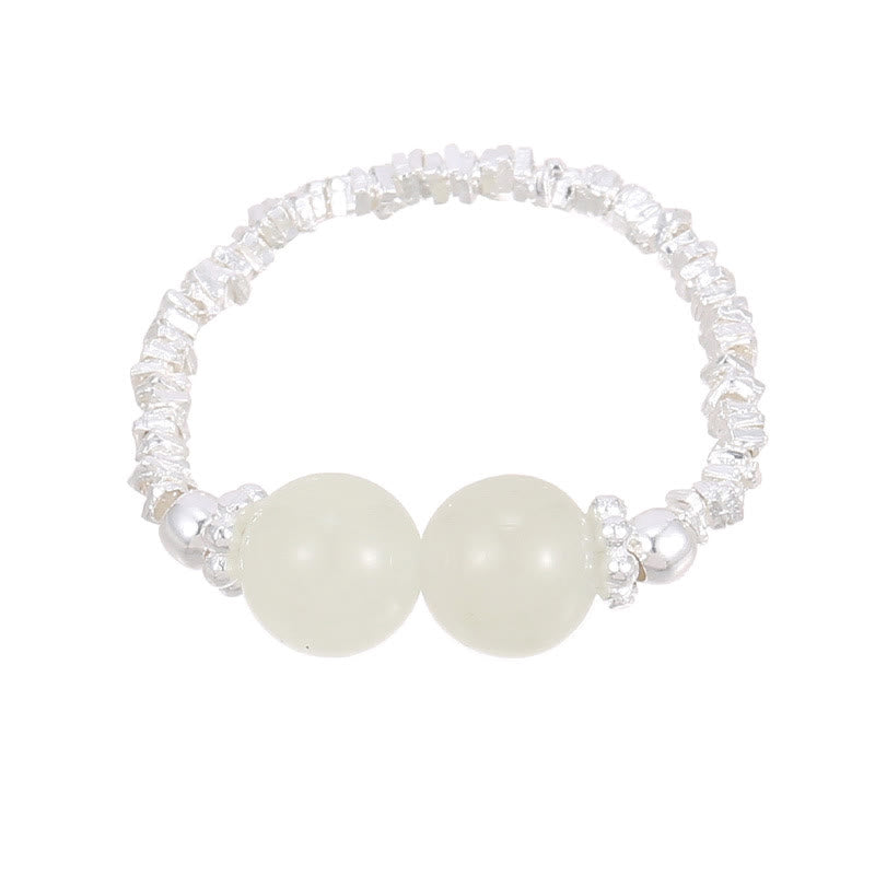 Foviel 925 Sterling Silver Natural Small Hetian Jade Bead Luck Elastic Ring