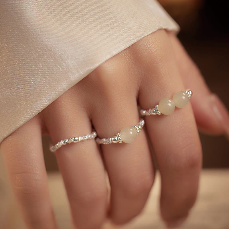 Foviel 925 Sterling Silber Natürliches kleines hetianisches Jadeperlen Glück elastischer Ring
