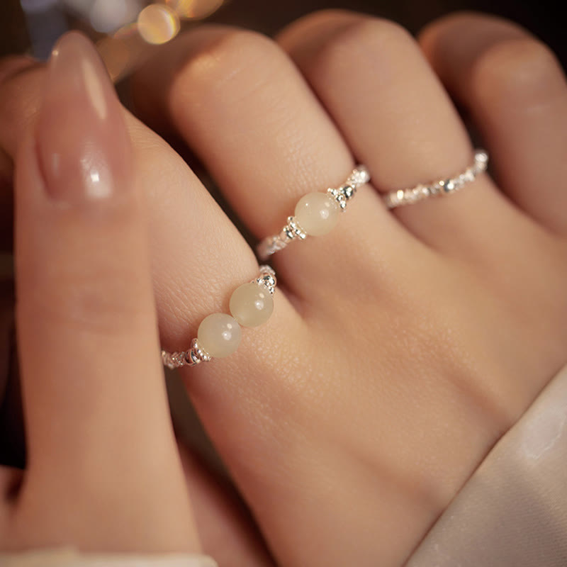 Foviel 925 Sterling Silver Natural Small Hetian Jade Bead Luck Elastic Ring