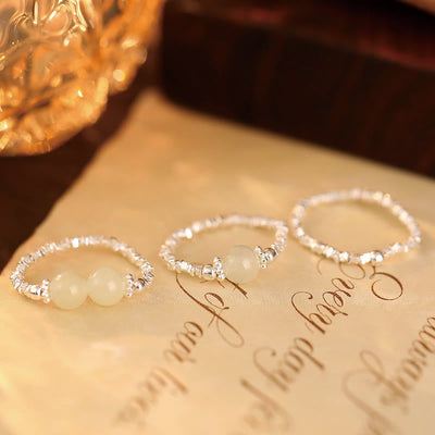Foviel 925 Sterling Silver Natural Small Hetian Jade Bead Luck Elastic Ring