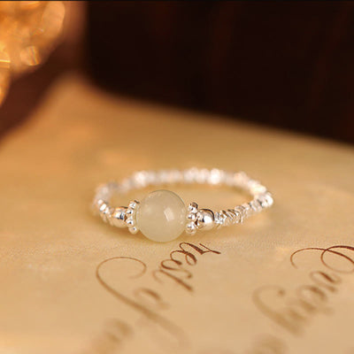 Foviel 925 Sterling Silver Natural Small Hetian Jade Bead Luck Elastic Ring