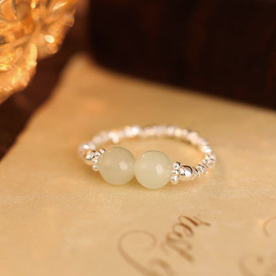 Foviel 925 Sterling Silver Natural Small Hetian Jade Bead Luck Elastic Ring
