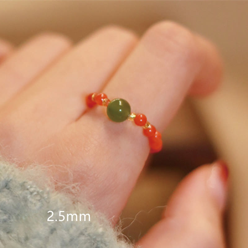Foviel 925 Sterling Silver Natural Small Hetian Jade Red Agate Pearl Bead Prosperity Elastic Ring