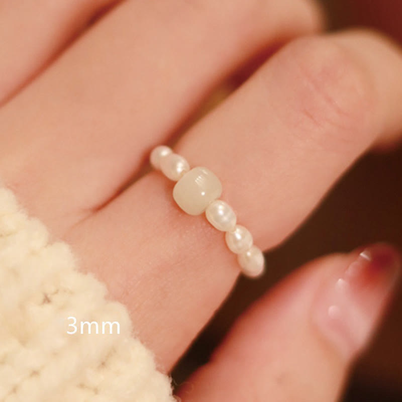 Foviel 925 Sterling Silver Natural Small Hetian Jade Red Agate Pearl Bead Prosperity Elastic Ring