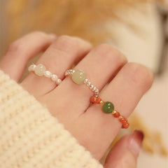 Foviel 925 Sterling Silver Natural Small Hetian Jade Red Agate Pearl Bead Prosperity Elastic Ring